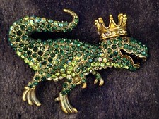 KING T-REX W/ CROWN GREEN DINOSAUR RHINESTONES BROOCH EXTRAVAGANT MUST BUY GIFT