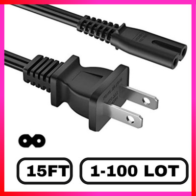 Lot of 2 Prong Power Cord Standard Plug Figure 8 AC Power Cable 15FT 125v, Black