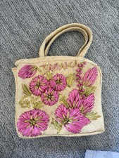Vintage 60s/70s Handmade Raffia Straw Floral Tote Bag – Pink & Olive 3D Flowers