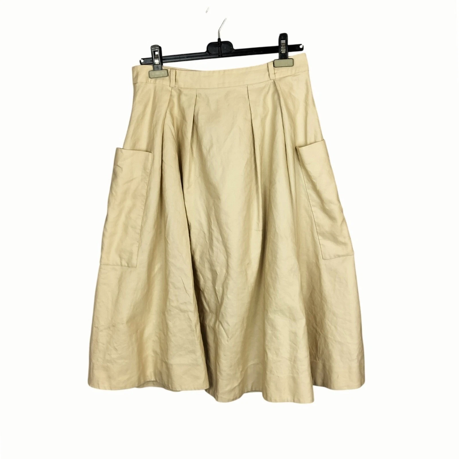 Kate Spade Flowy Midi Skirt Cotton Linen Blend with Pockets Pleated Beige Tan