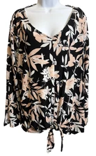 Roz & Ali Blouse Women's 2X Peach Black White Floral Flowy Multiple Slit Sleeves