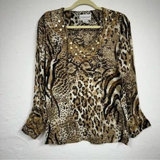 Victor Costa Silk Animal Print Silk Beaded Blouse Womens XS Tunic Vintage Brown