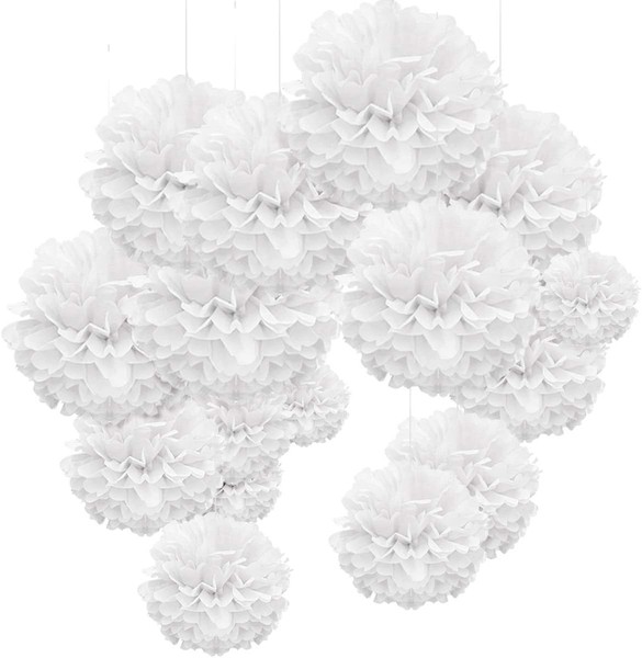Hochzeitsdeko Vintage Lampions 24Er Pompons Deko Weiß Seidenpapier Party Deko-image