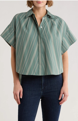 NEW Rag & Bone Maura Sage Stripe Cotton Boxy Button-Up Shirt Sz L NWT $178
