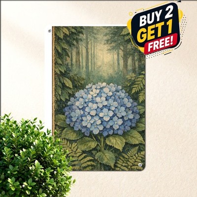 Forest Blue Hydrangea Floral Painting Tin Sign Vintage Shabby Chic Wall Plaque