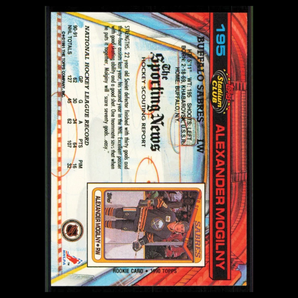 Alexander Mogilny #195 1991 Topps Stadium Club Buffalo Sabres Hockey Card NHL NM - Image 2 of 3