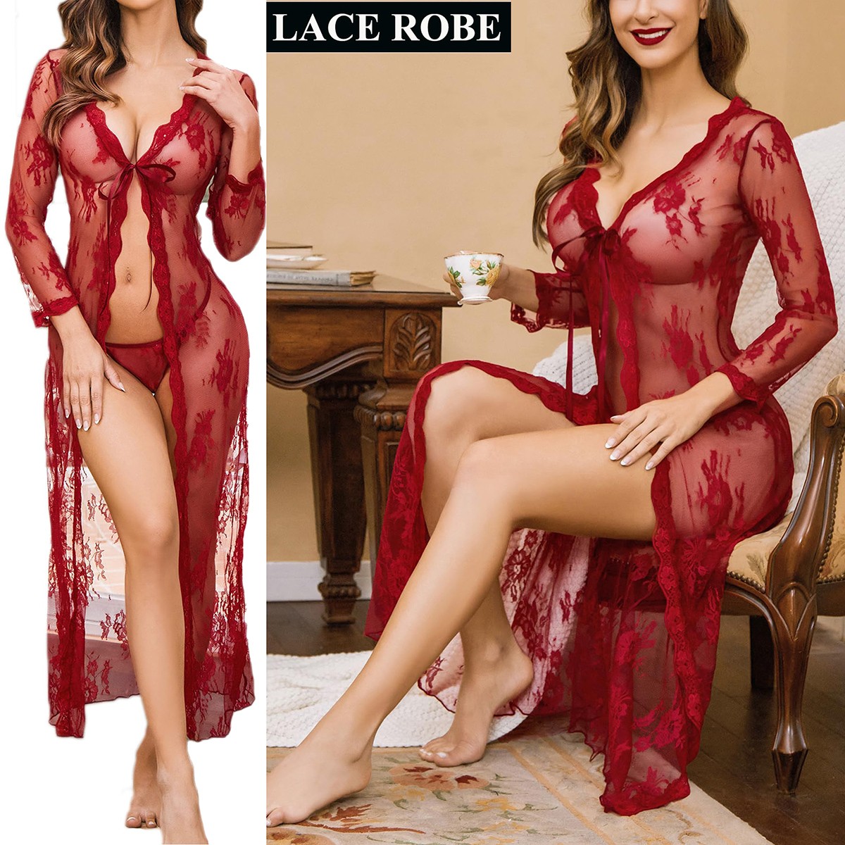 Sexy Lingerie For Women Long Lace Dress Sheer Gown See Through Kimono Robe US