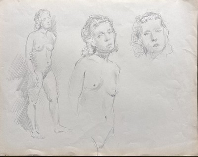 Antike akademische Lebenszeichnung, drei Studien weiblichen Aktes, Bleistift auf Papier