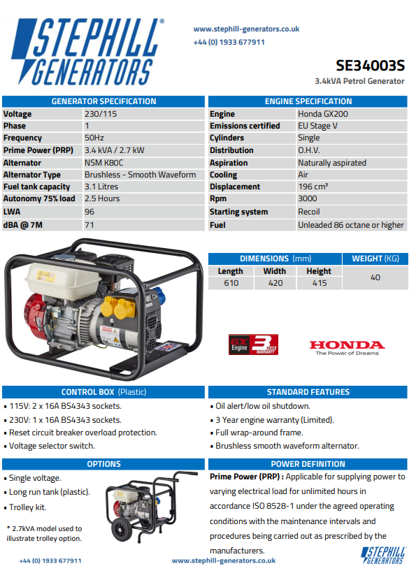 Stephill SE34003S 3.4 kVA Honda GX200 Petrol Generator - STE-SE34003S