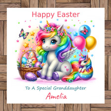 Personalised Easter Card, A Cute Unicorn, Easter eggs, Any Relative & Name