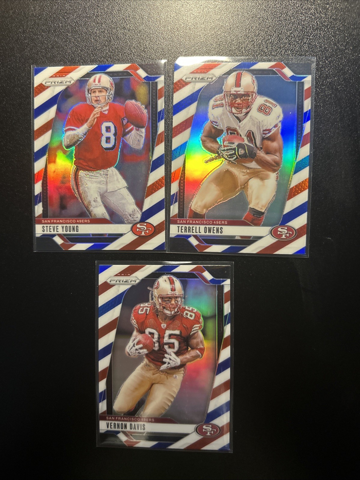 2024 Prizm Terrell Owens & Steve Young & Vernon Davis Red White Blue - 49ers HOF