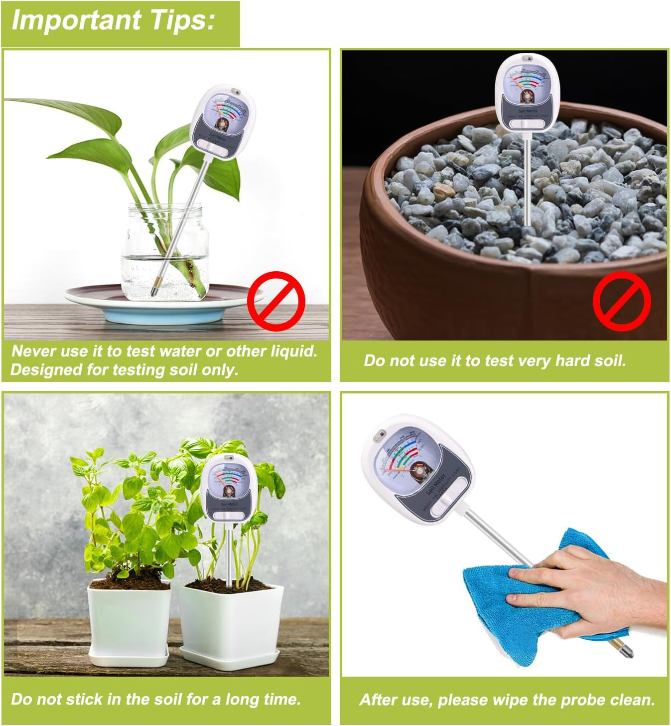 4-In-1 Soil Test Kit – Soil Moisture Meter, Ph, Fertility & Sun-Light, No Batter