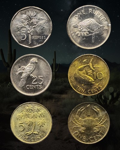 Lot of 6 - 1982 Seychelles 1, 5, 10 & 25 Cents, 1 & 5 Rupees Coins, Triton Conch