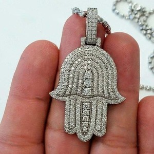 Authentic Men's 2 Ct Round Lab Created Diamond Hamsa Hand Pendant 14K White Gold Plated
