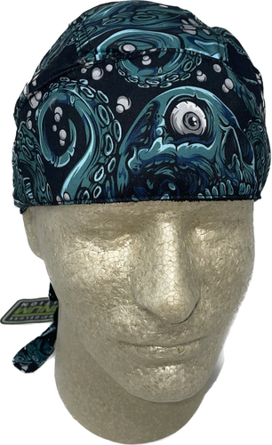 Platinum Durag Doo Rag Skull Cap Sweatband Biker Da Kraken Teal Blue Black White - Picture 6 of 7
