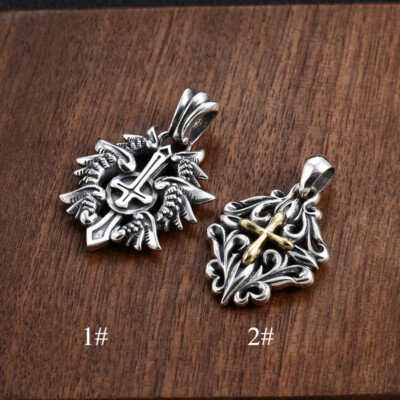 S925 Silver GOTHIC CROSS Pendant Radiant Sunburst OR Two-Tone Fleur de Lis