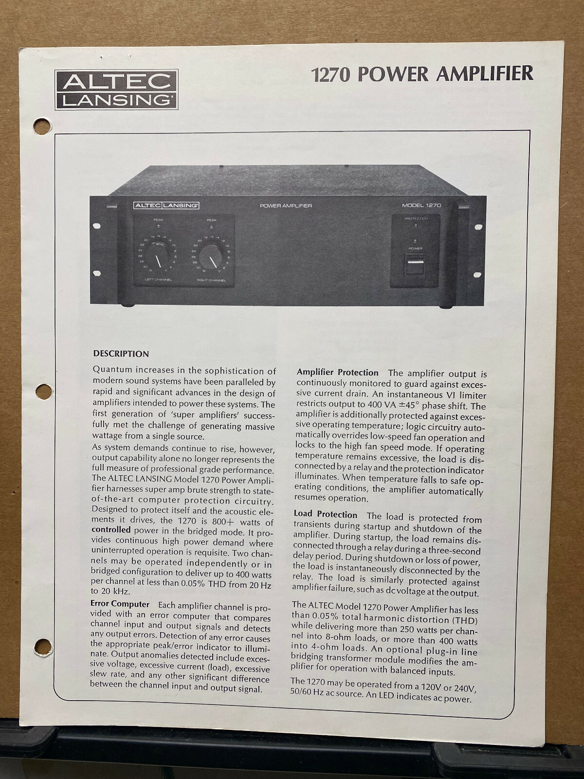 Owner Manual ~ Altec 1270 Amplifier Amp