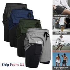 2-in-1 Men Sport Training Running Bodybuilding Workout Fitness Shorts Gym Pants