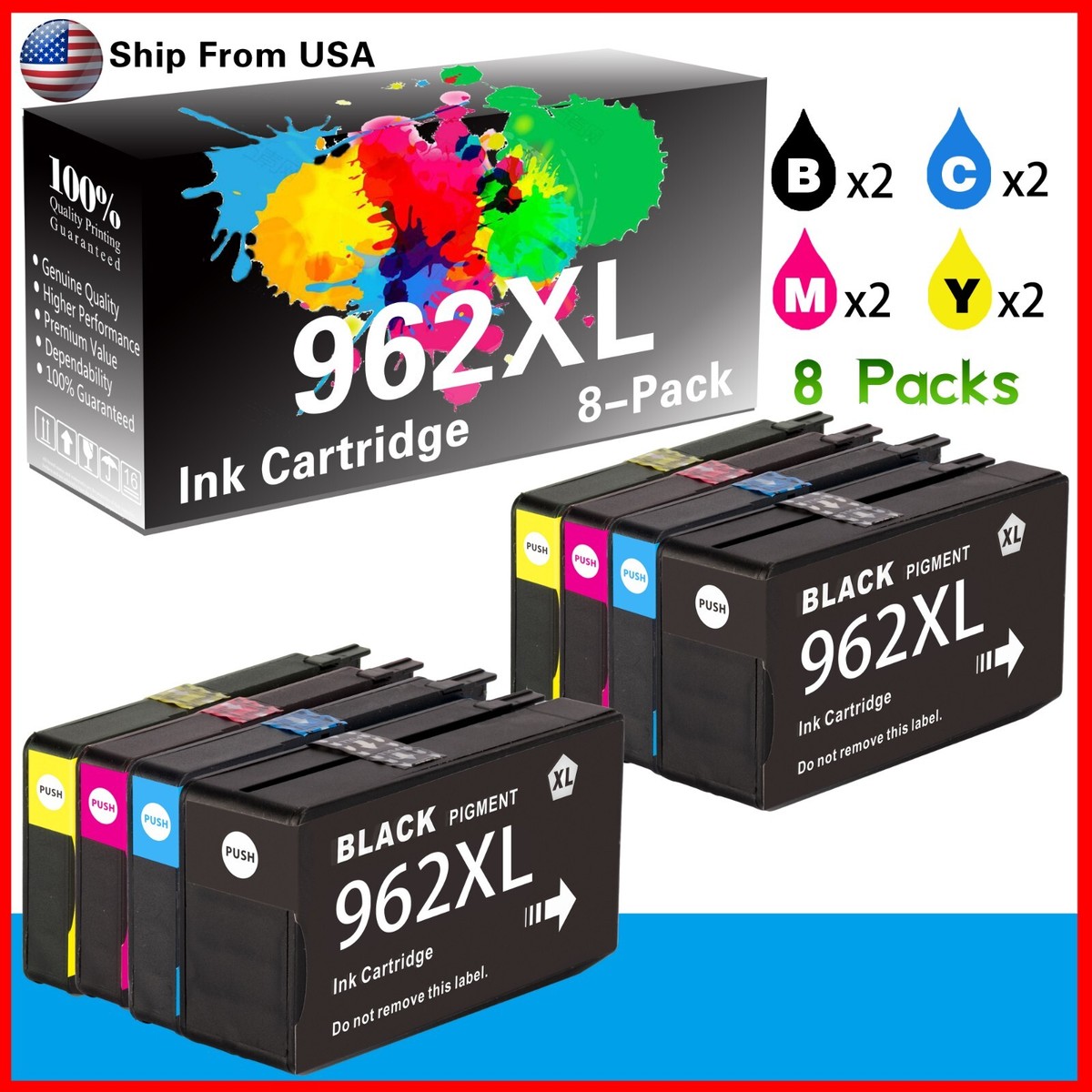 Confezione 8 Cartucce D'inchiostro 962/962XL Compatibili HP. Nero, Ciano, Magenta, Giallo Per Stampanti OfficeJet Pro 9010e/9015e. - Foto 5