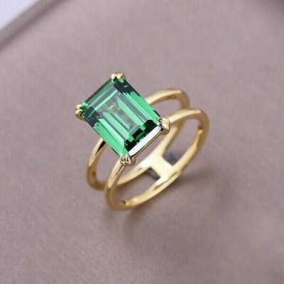 3Ct Emerald Lab-Created Green Emerald Women's Ring 14k Yellow Gold Plated Silver