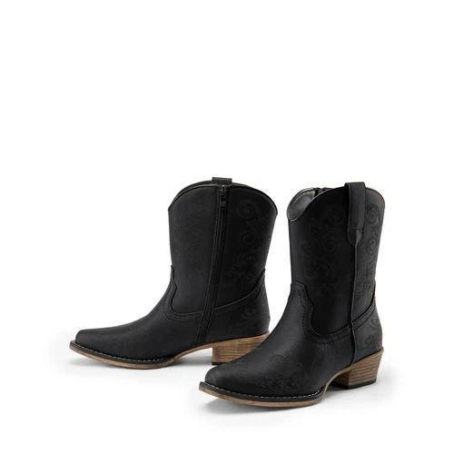 Women Cowboy Booties Low Heel Close Square Toe Western Side Zipper Ankle Boots - Picture 4 of 36