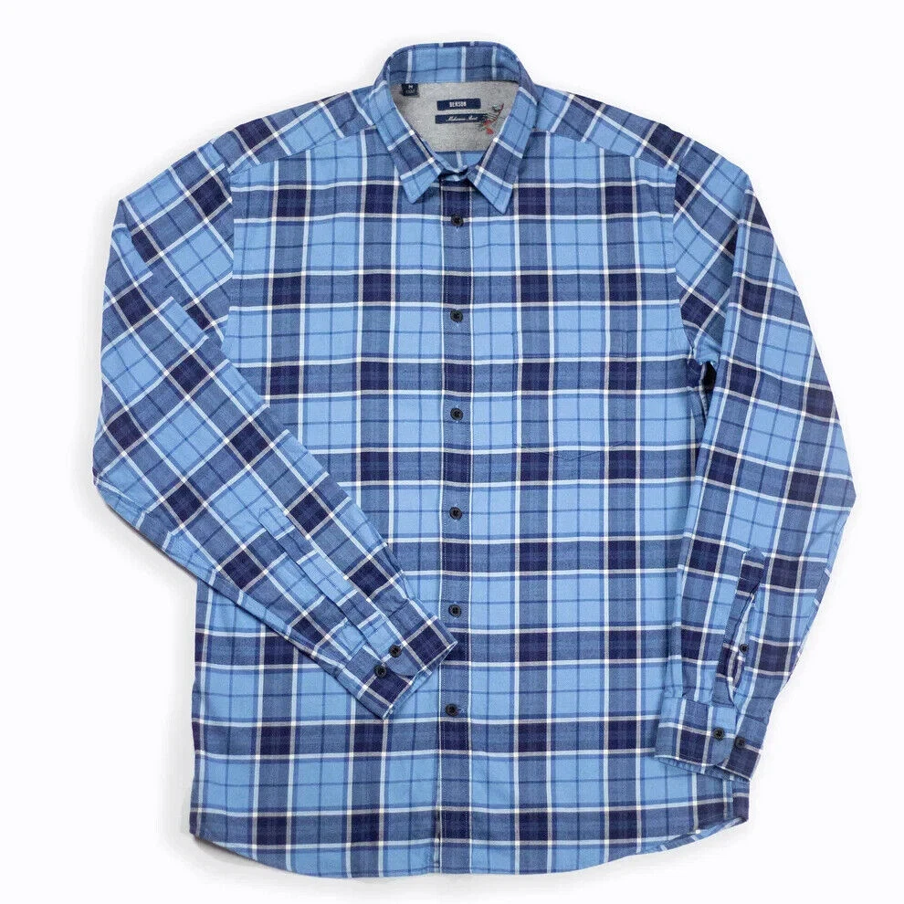 Benson Mckenzie Flannel Shirt Mens XL Light Blue Navy Plaid Cotton New $145