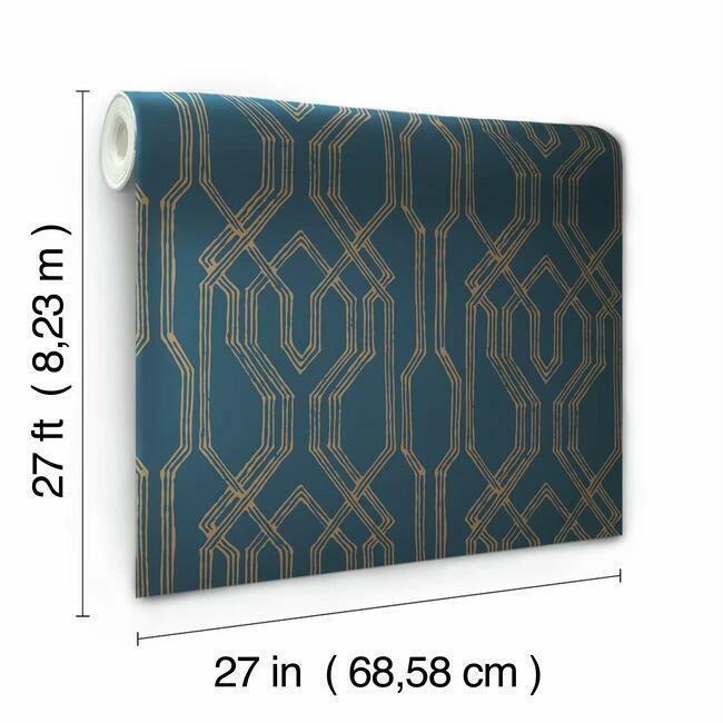 Wallpaper Blue and Gold Oriental Lattice , 60 sq ft Bolt - Image 4 of 4
