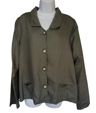Freeport Studio Top Womens M Linen Shirt Button Front Long Sleeve Boxy Green