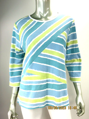 KORET SZ L Cotton/Polyest Blue Lime Green White Angled Sections Top Shirt Blouse
