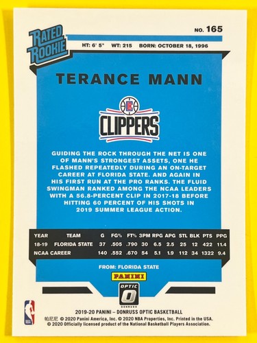 2019-20 Panini Donruss Optic Basketball - #165 Terance Mann Rated Rookie - Picture 2 of 2