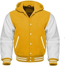 Varsity Letterman Bomber Wool  Genuine White Leather Sleeves Baseball Hoodie
