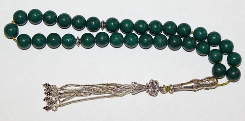 LUXURY PRAYER BEADS TESBIH DARK JADE & STERLING SILVER - COLLECTOR'S