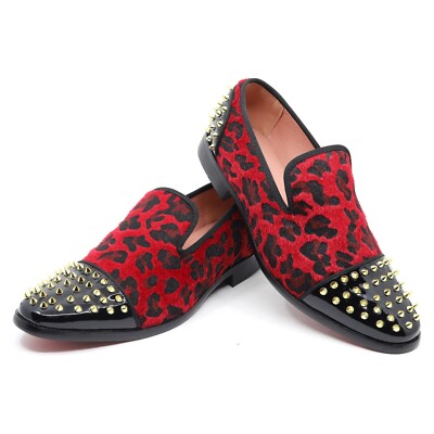 Metrocharm Men\'s Red Leopard Print Loafers Smoking Spikes Slip On Formal Shoes Amazon.com | Men main image 4