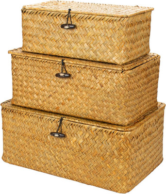 Yesland Small Shelf Baskets with Lid Set of 3, Compact Handwoven Seagrass Storag