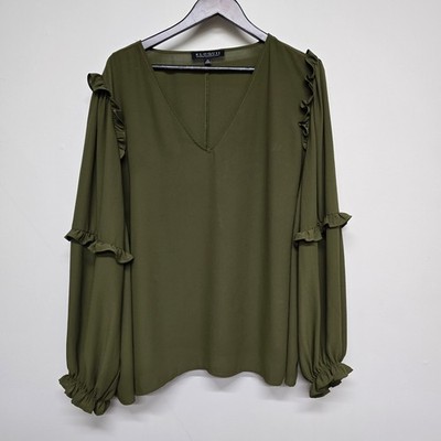 Eloquii Ruffle Tiered Sleeve Blouse Womens 24 Olive Green V-Neck Boho Minimalist