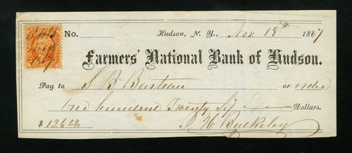 1865 Farmers Bank Of Hudson, New York Check (Ch 990)