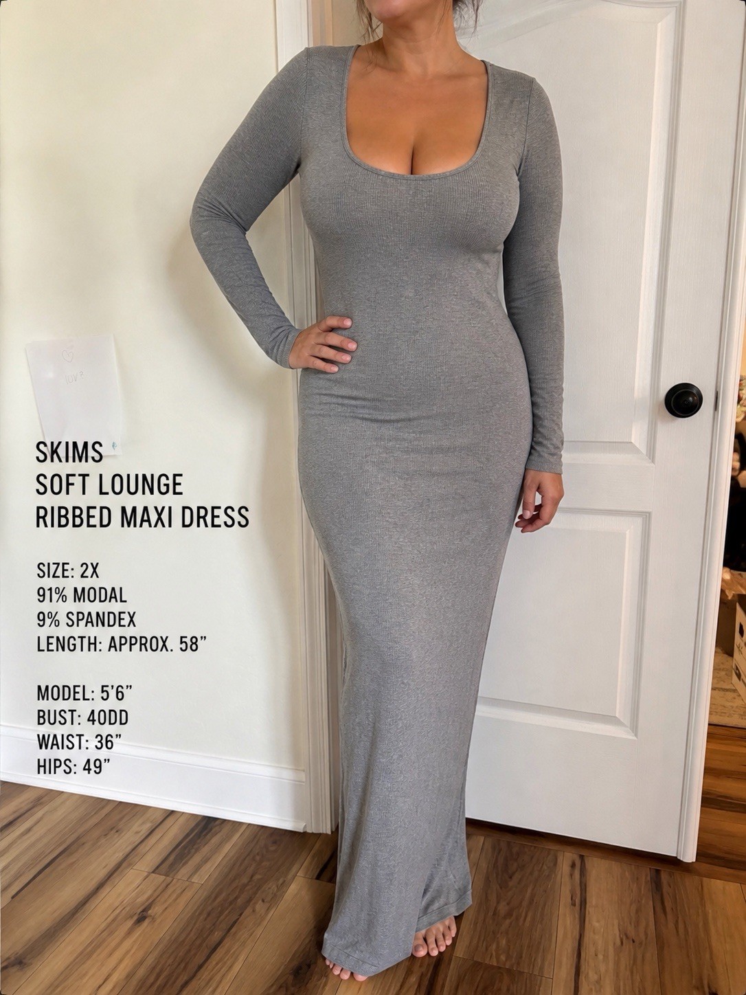 Skims Soft Lounge Ribbed Maxi Dress Gray Long Sleeve Scoop Neck 2X Stretch Modal