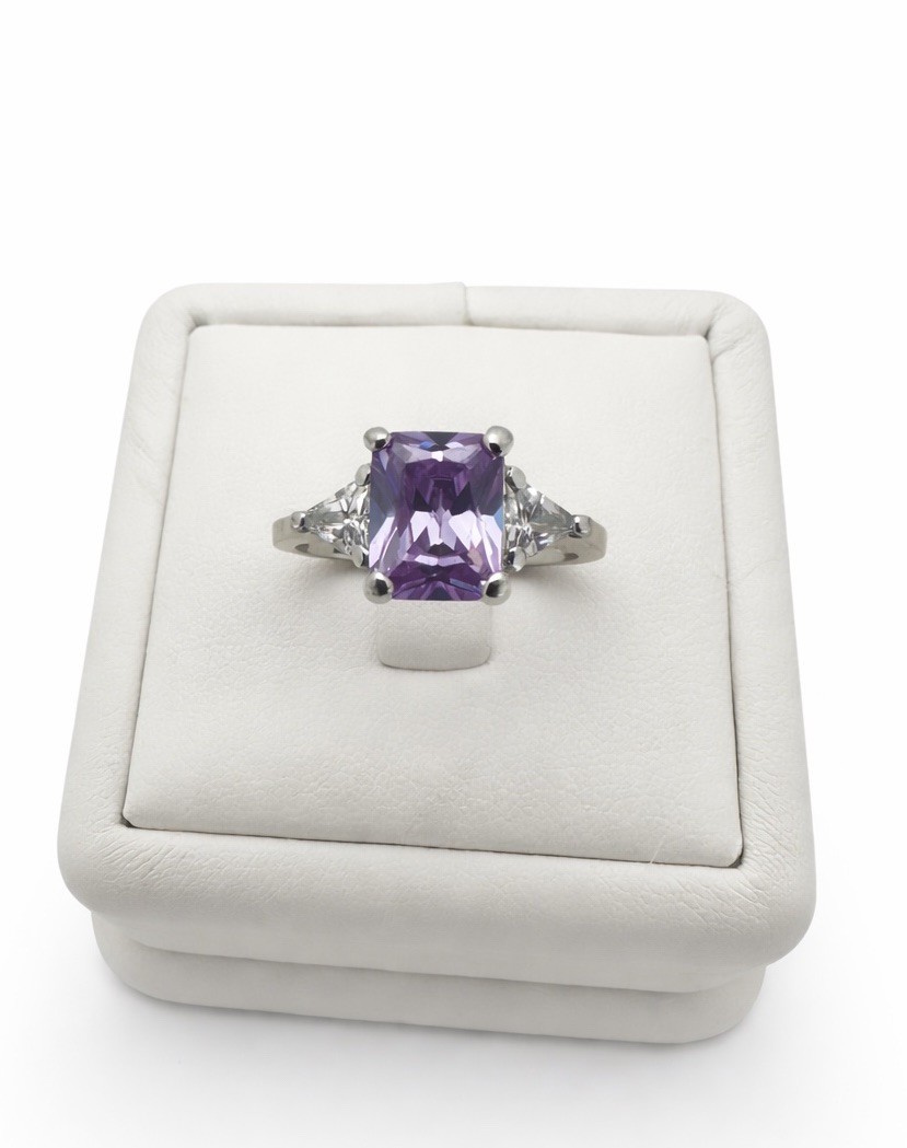 Sterling Silver 925 Rectangular Purple Clear CZ T… - image 1