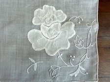 VINTAGE HANKY 1960s WHITE ON WHITE FLORAL MADEIRA HANDWORK HAND ROLLED NEW