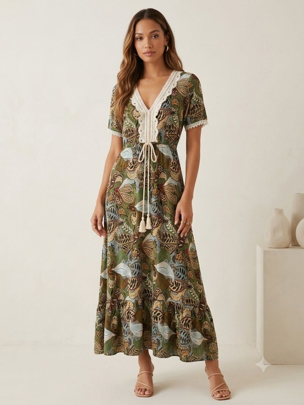 Kindred Anthropologie Boho Leaf Print Midi Dress Small S Crochet Lace Tassel