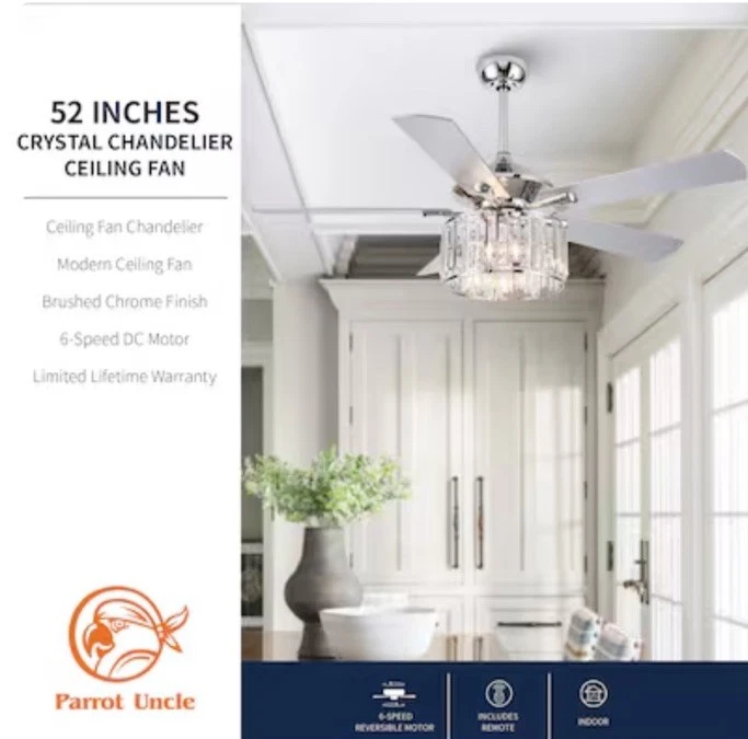 Parrot Uncle F6305Q110V-PU 52 Inch Crystal Ceiling Fan, Chrome 6305 - New York - Image 4 of 4