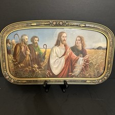 Vtg Giovanni Jesus Mary Disciples in Wheat Field Carved Oval Wood Frame Litho
