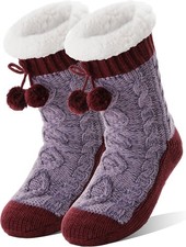 Womens Slipper Fuzzy Grips Socks Fluffy Winter Warm Thick Balls-red Purple