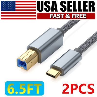 2Pcs USB-C to USB-B 2.0 Cable Nylon for Epson HP Canon Brother Printer Scanner