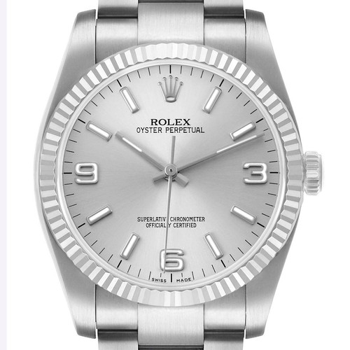 Rolex Oyster Perpetual Steel White Gold Silver Dial Mens Watch 116034