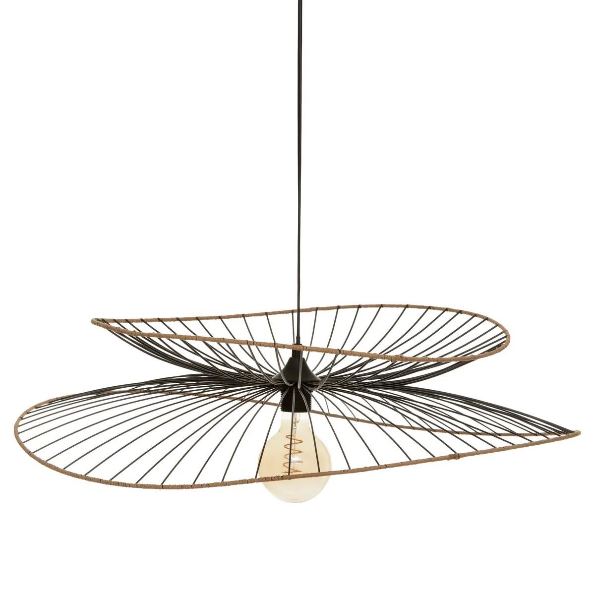 Lampe suspension métal et rotin noir de 69cm pour éclairage de plafond