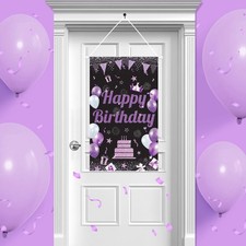 Black Purple Happy Birthday Sign,Birthday Door Banner Happy Birthday Hanger B...