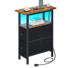 End Table with Charging Station, Narrow Side Table with 2 Fabric Drawers, Ski...