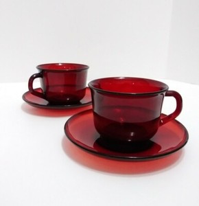 Set Of 2 Arcoroc France Classique Ruby Red Glass Coffee Tea Cups Saucers Plates Ebay