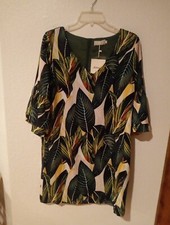 Small Belongsci Dress Womens Green Tropical Palm Shift Mini Lined Bell Sleeve